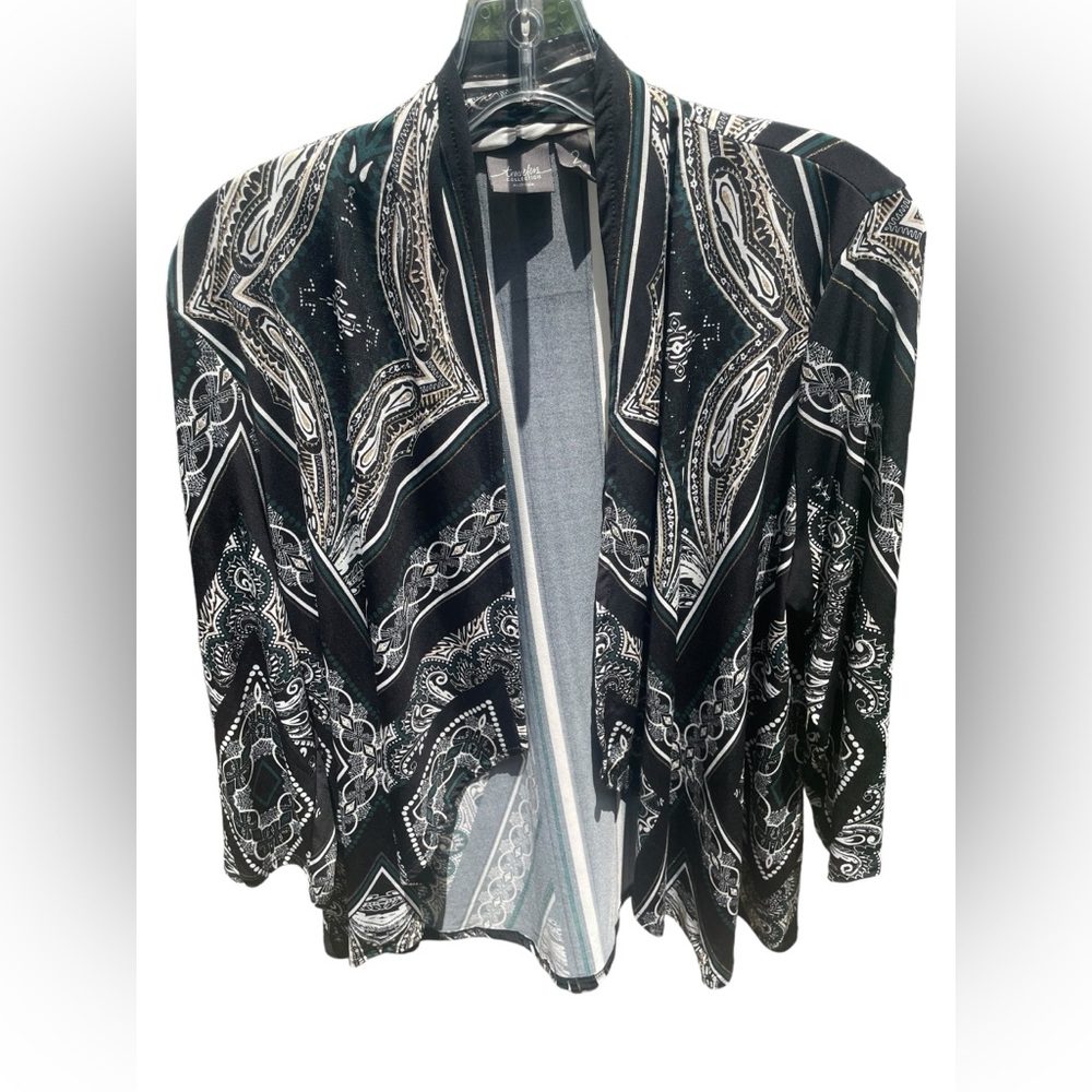 Chicos Black‎ Gold Green Pattern Open Front 3/4 length sleeve Cardigan